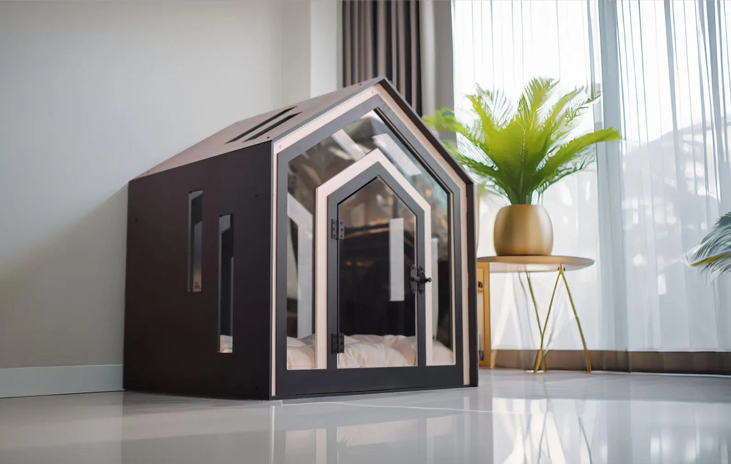 Luxury Mid Dark Gray Dog Crate With Cushion, Modern Indoor Dog Kennel, Wooden Pet House, Unique Cat Crate, Dog And Cat Sleeping Place