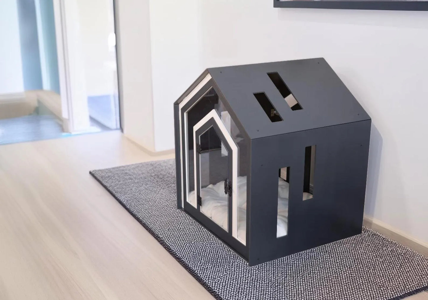 Luxury Mid Dark Gray Dog Crate With Cushion, Modern Indoor Dog Kennel, Wooden Pet House, Unique Cat Crate, Dog And Cat Sleeping Place