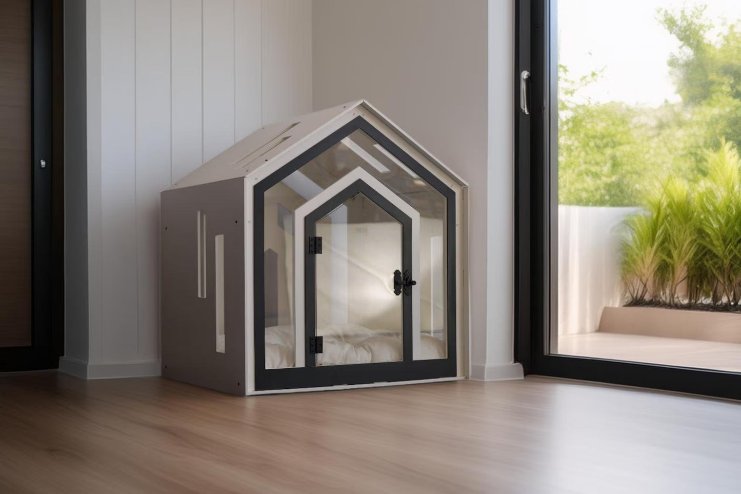 Mid White Dog Crate With Dog Bed, Premium Wooden Dog Crate with Free Customization, Gift Cushion Covers, Modern Dog Crate