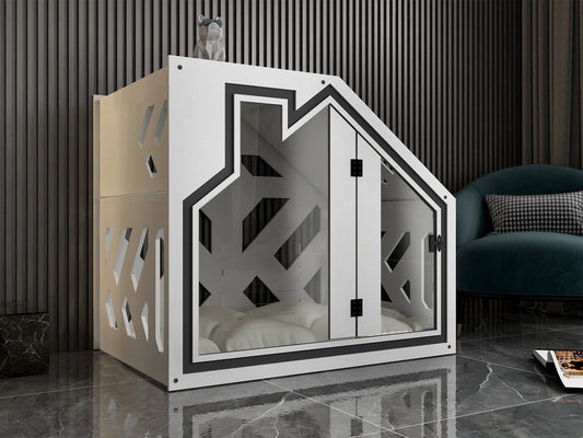 White Dog Crate Furniture With Dog Bed, Dog Kennel Furniture, Luxury Dog House, Wooden Dog Crate, Modern Dog House, Pet Furniture