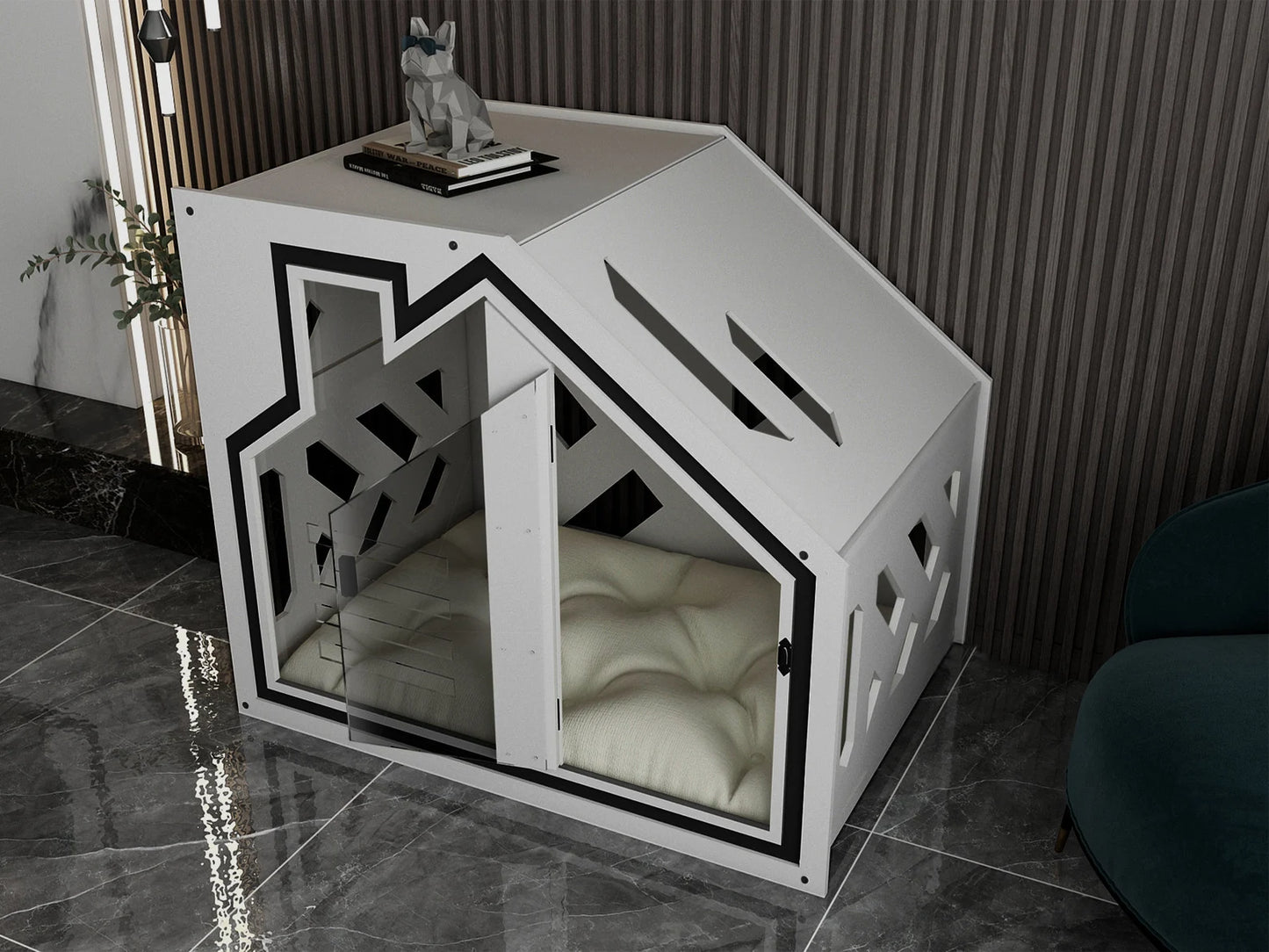 White Dog Crate Furniture With Dog Bed, Dog Kennel Furniture, Luxury Dog House, Wooden Dog Crate, Modern Dog House, Pet Furniture