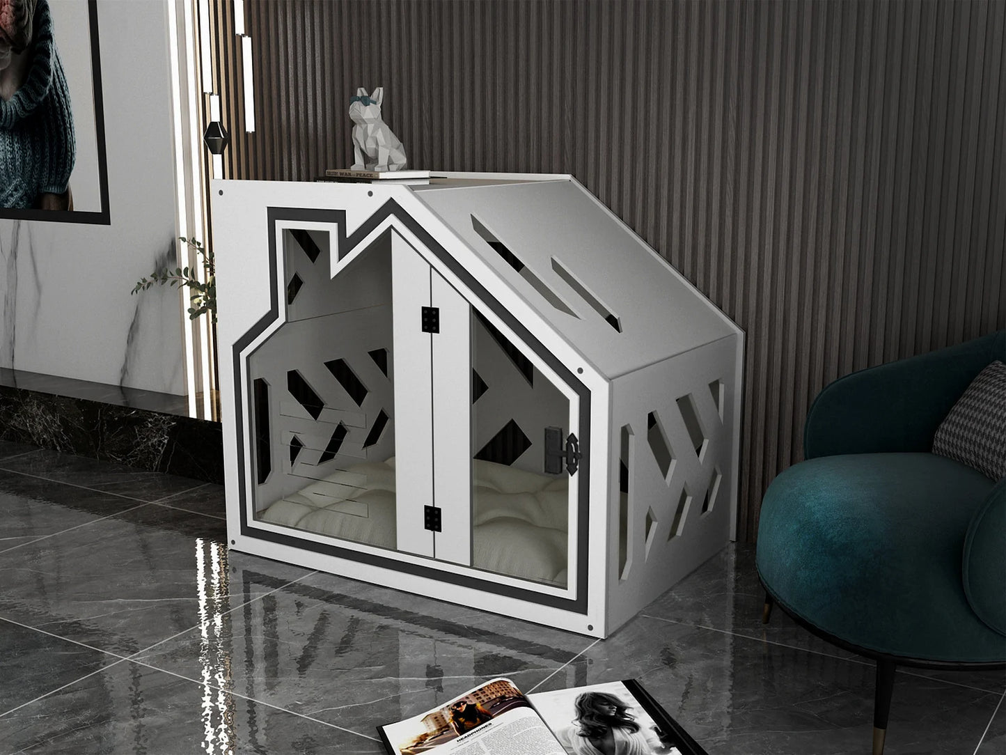 White Dog Crate Furniture With Dog Bed, Dog Kennel Furniture, Luxury Dog House, Wooden Dog Crate, Modern Dog House, Pet Furniture