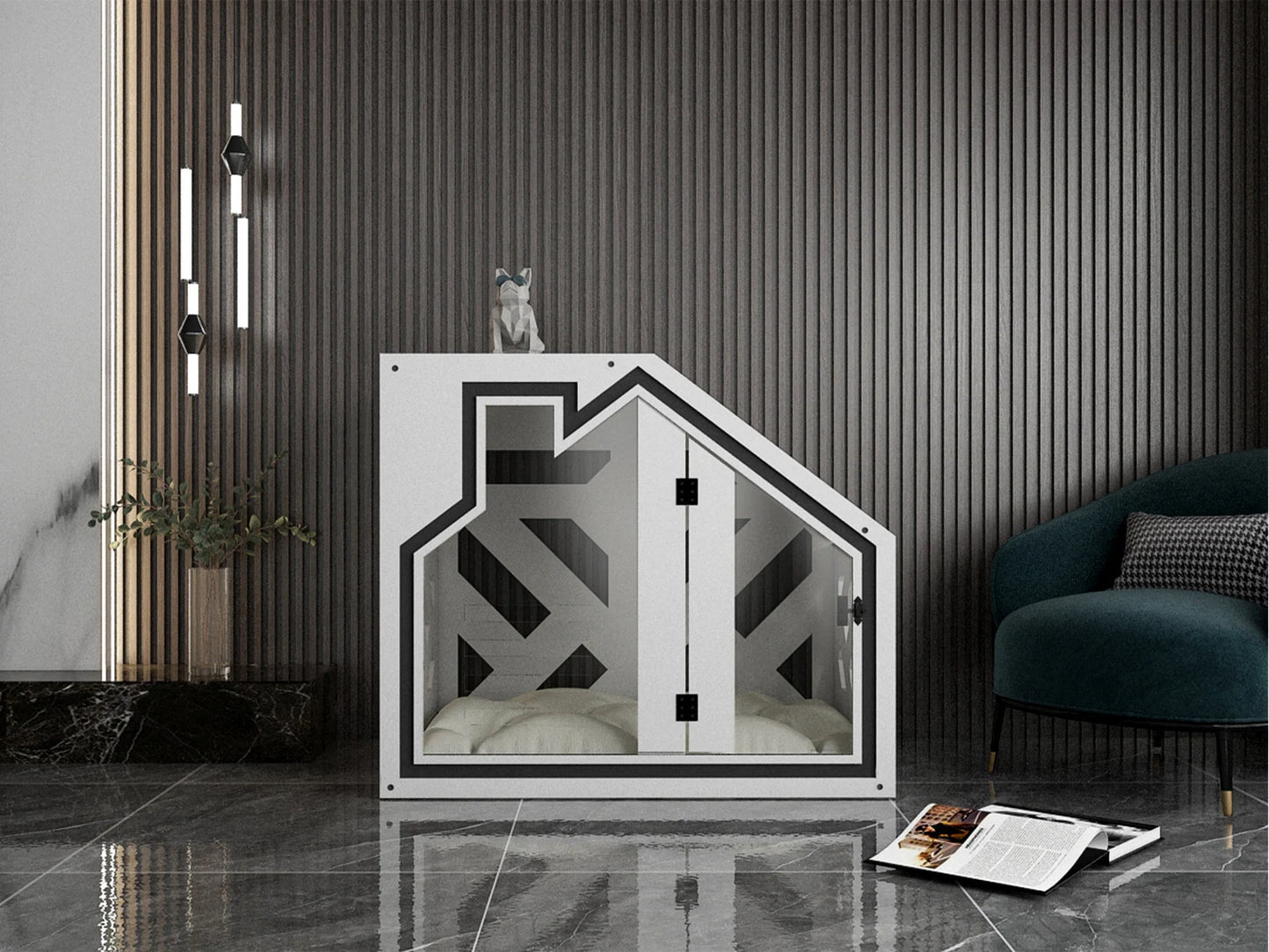 White Dog Crate Furniture With Dog Bed, Dog Kennel Furniture, Luxury Dog House, Wooden Dog Crate, Modern Dog House, Pet Furniture