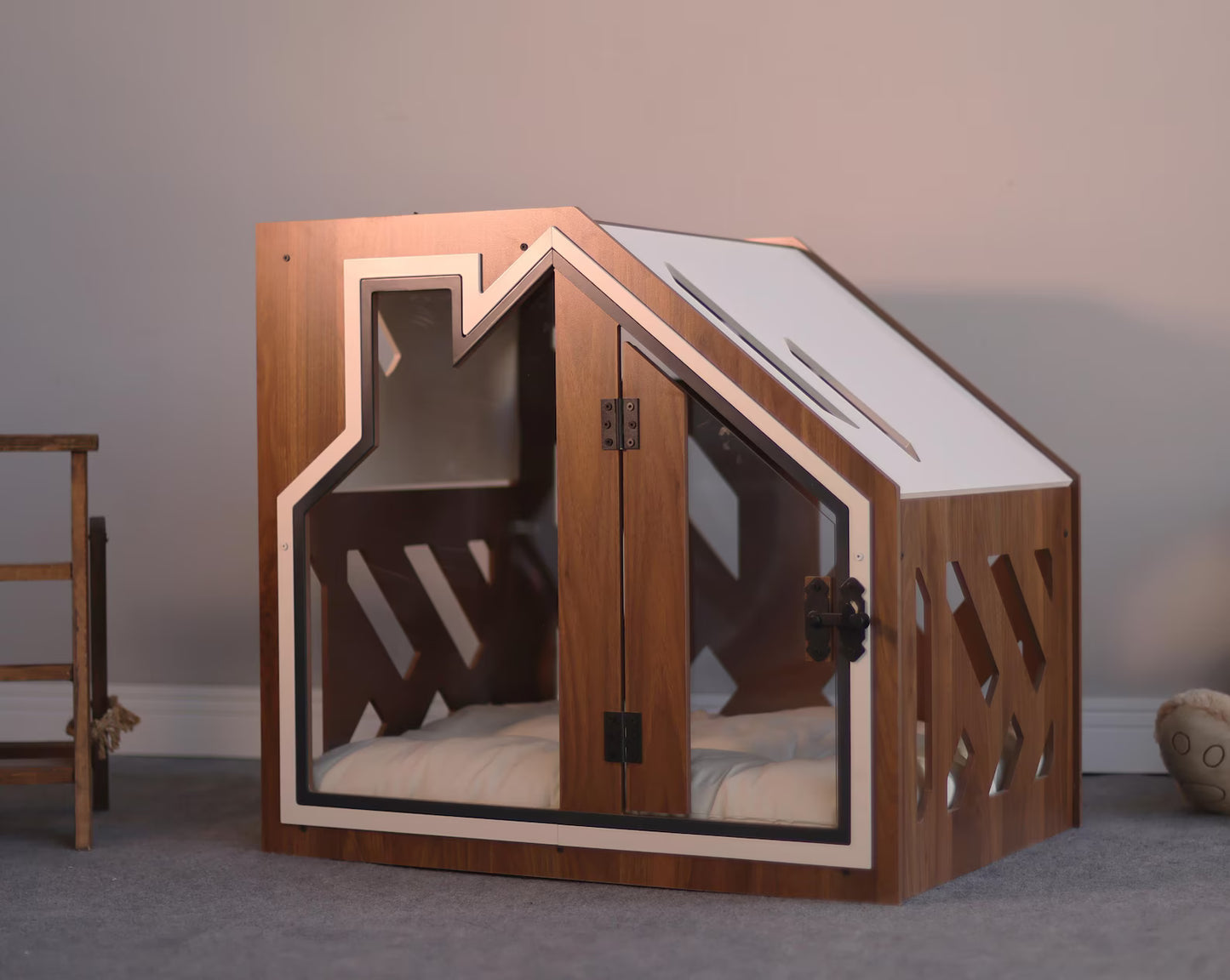 Walnut Wooden Luxury Dog Crate With Dog Bed, Limited Edition Dog Indoor House, Elegant Dog Kennel Furniture, Cat Indoor House