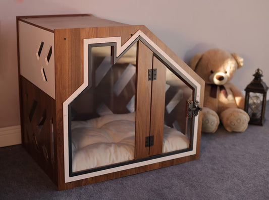 Walnut Wooden Luxury Dog Crate With Dog Bed, Limited Edition Dog Indoor House, Elegant Dog Kennel Furniture, Cat Indoor House