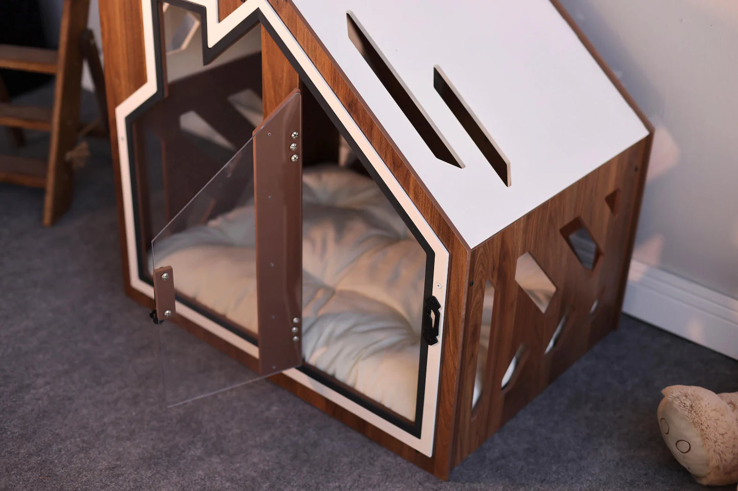 Walnut Wooden Luxury Dog Crate With Dog Bed, Limited Edition Dog Indoor House, Elegant Dog Kennel Furniture, Cat Indoor House