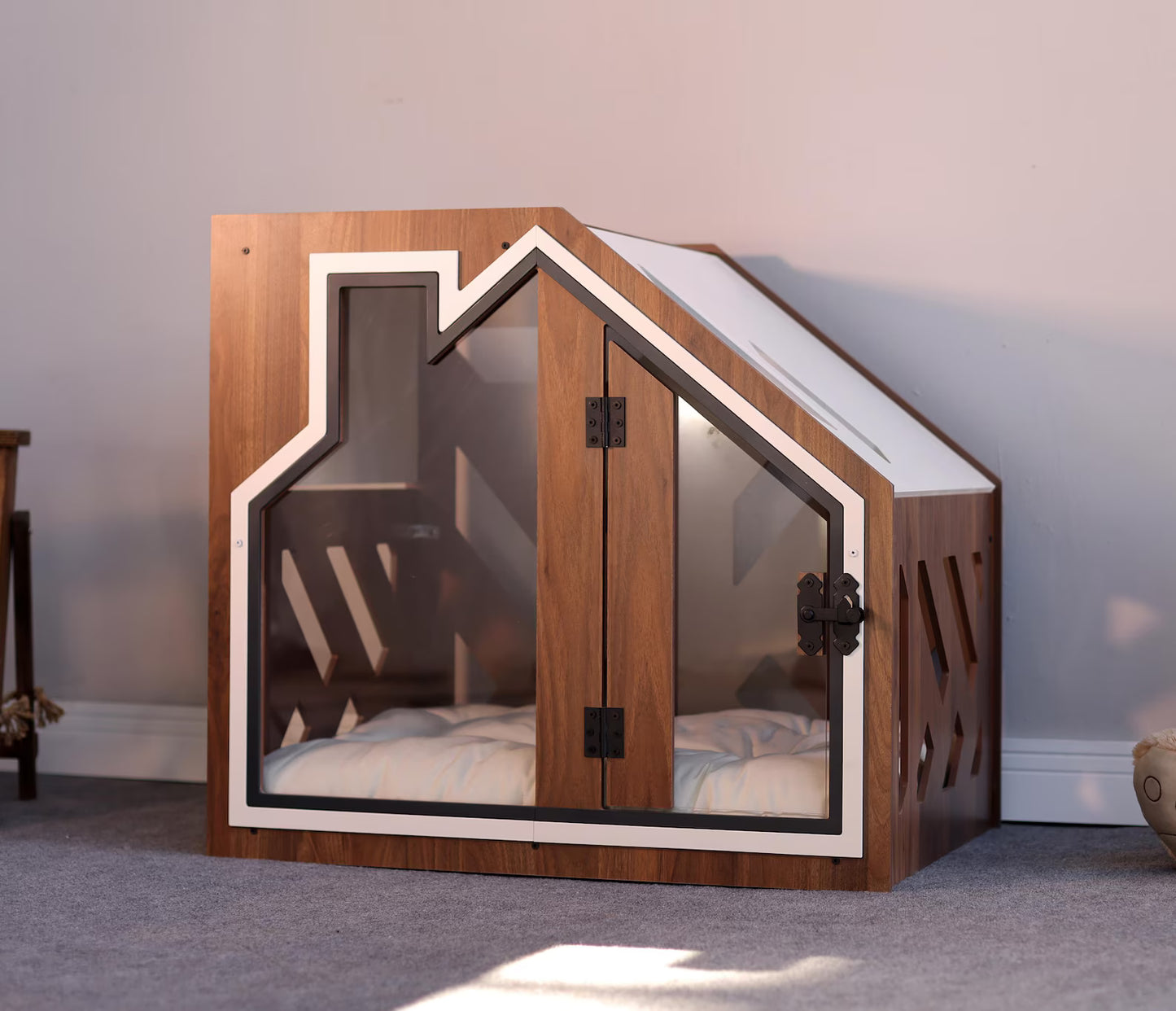 Walnut Wooden Luxury Dog Crate With Dog Bed, Limited Edition Dog Indoor House, Elegant Dog Kennel Furniture, Cat Indoor House
