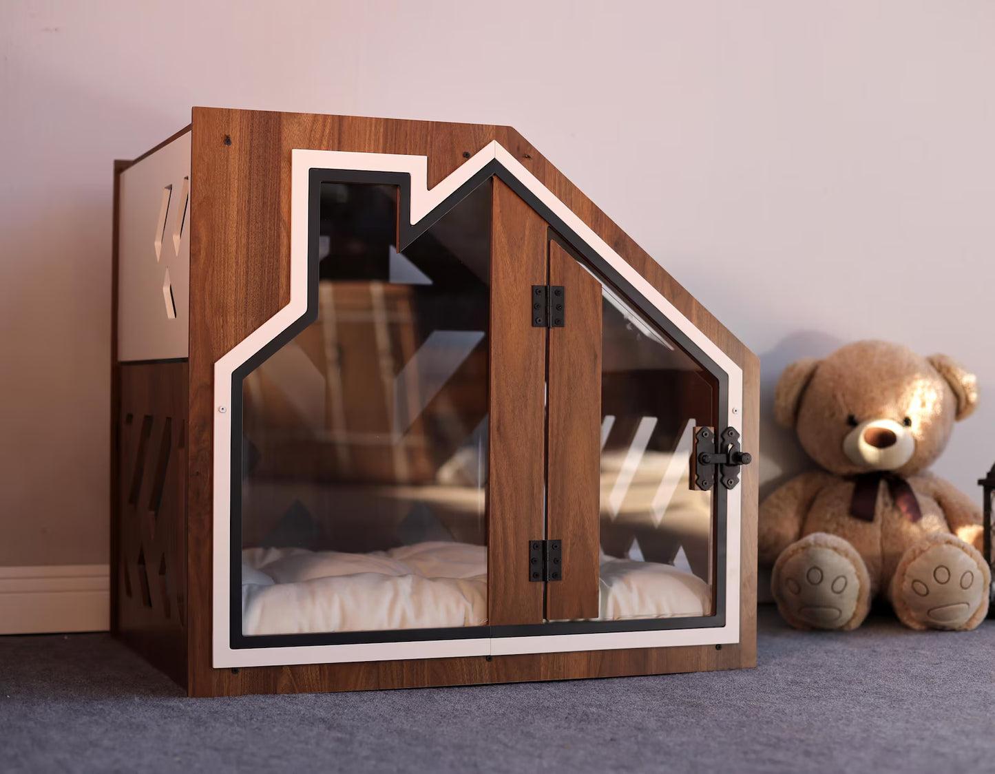 Walnut Wooden Luxury Dog Crate With Dog Bed, Limited Edition Dog Indoor House, Elegant Dog Kennel Furniture, Cat Indoor House