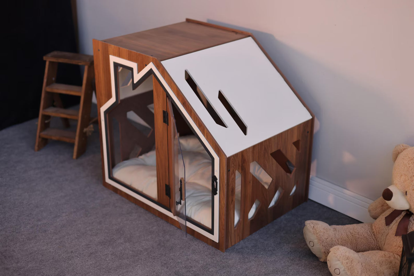Walnut Wooden Luxury Dog Crate With Dog Bed, Limited Edition Dog Indoor House, Elegant Dog Kennel Furniture, Cat Indoor House