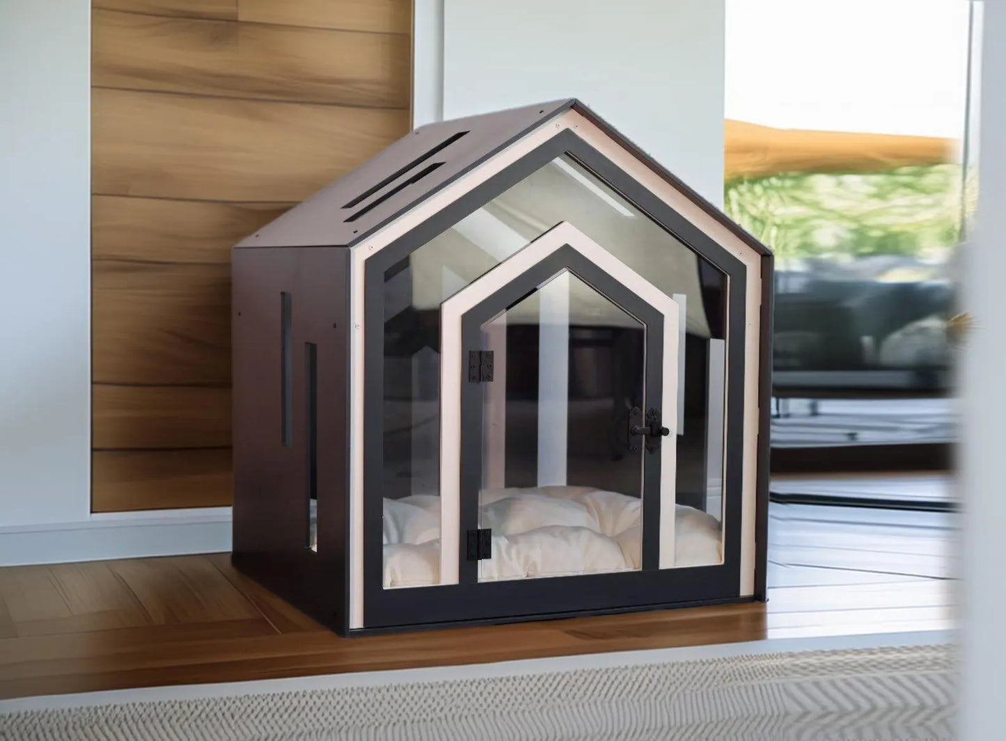 Luxury Mid Dark Gray Dog Crate With Cushion, Modern Indoor Dog Kennel, Wooden Pet House, Unique Cat Crate, Dog And Cat Sleeping Place