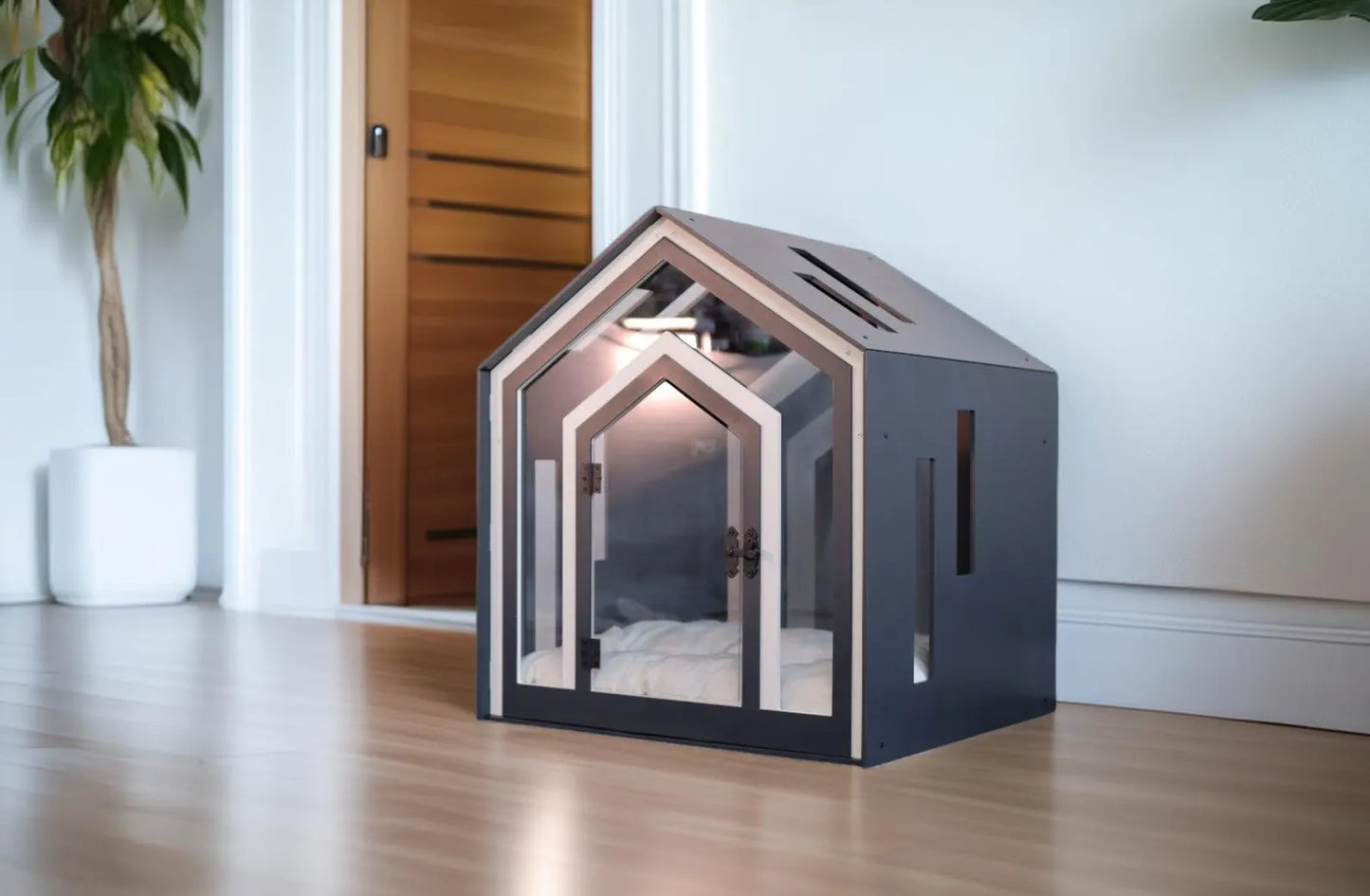 Luxury Mid Dark Gray Dog Crate With Cushion, Modern Indoor Dog Kennel, Wooden Pet House, Unique Cat Crate, Dog And Cat Sleeping Place