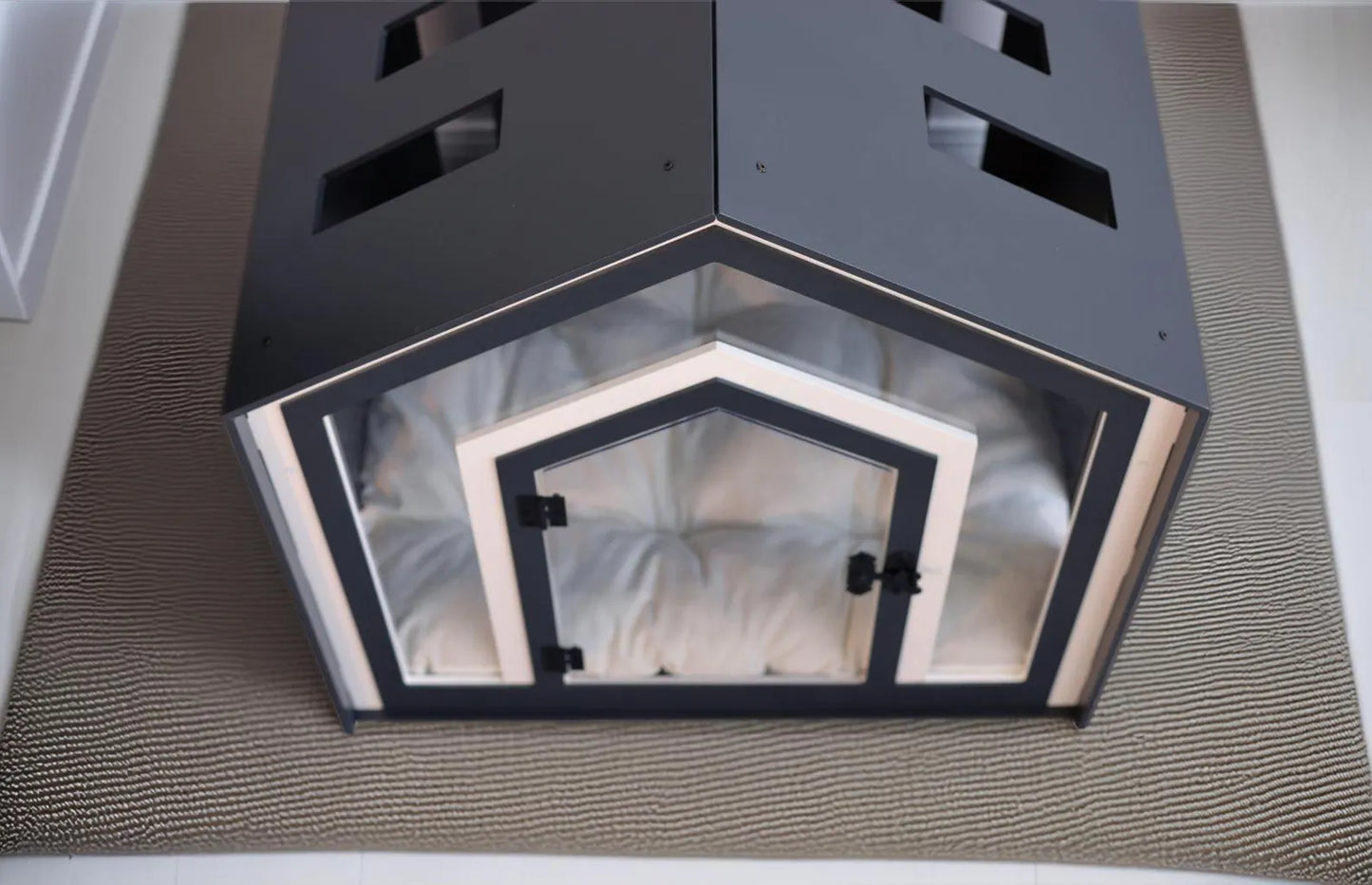 Luxury Mid Dark Gray Dog Crate With Cushion, Modern Indoor Dog Kennel, Wooden Pet House, Unique Cat Crate, Dog And Cat Sleeping Place
