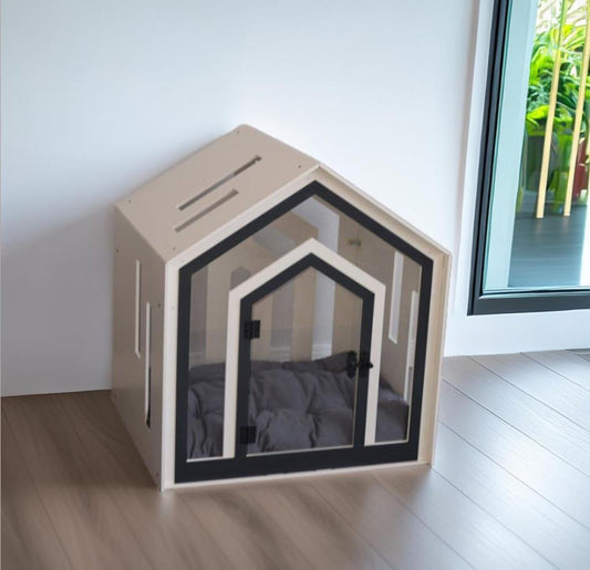 Mid White Dog Crate With Dog Bed, Premium Wooden Dog Crate with Free Customization, Gift Cushion Covers, Modern Dog Crate